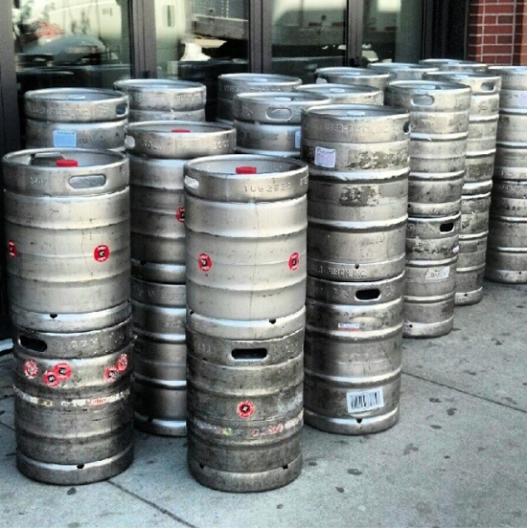 Beer Kegs on city sidewalk